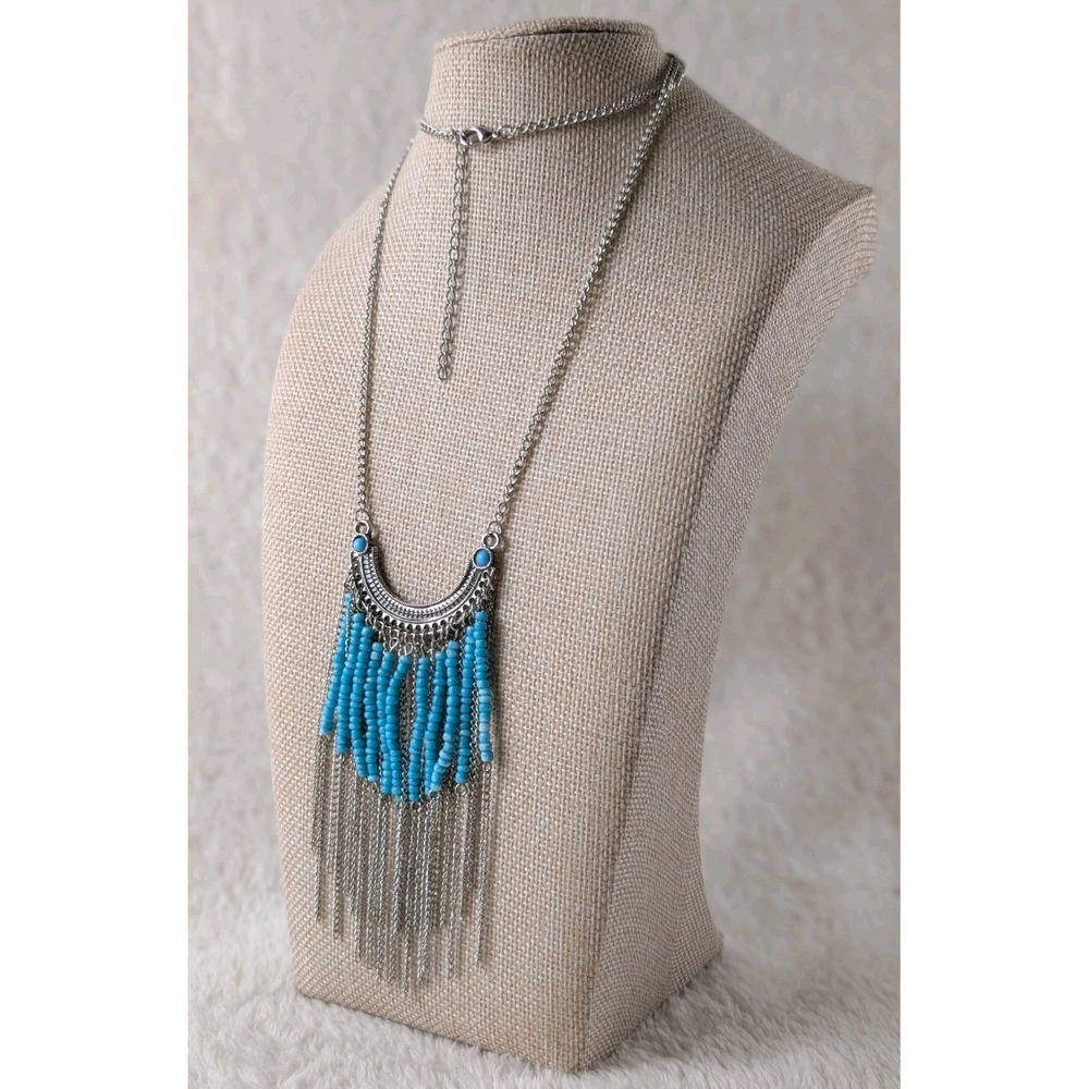 Boho Fringe Necklace Turquoise Blue Beaded Bib Silver Tone Chain Statement